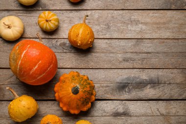 Gri ahşap arka planda farklı taze balkabakları