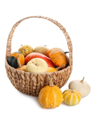 Beyaz arka planda farklı taze balkabaklarıyla hasır sepet.