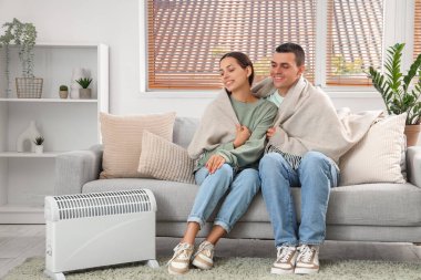 Evlerinde radyatör yakınında ekose ısıtmalı genç bir çift.