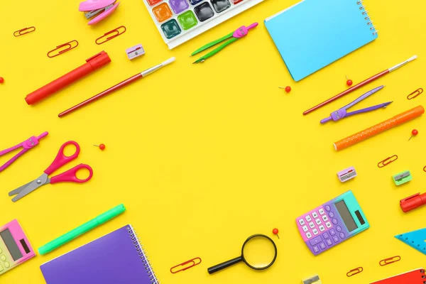Frame Made Different School Supplies Yellow Background — Stock Photo, Image