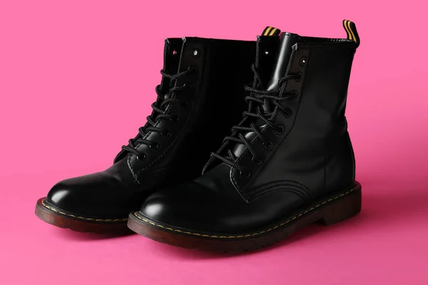 Stylish Black Leather Boots Pink Background — Stock Photo, Image