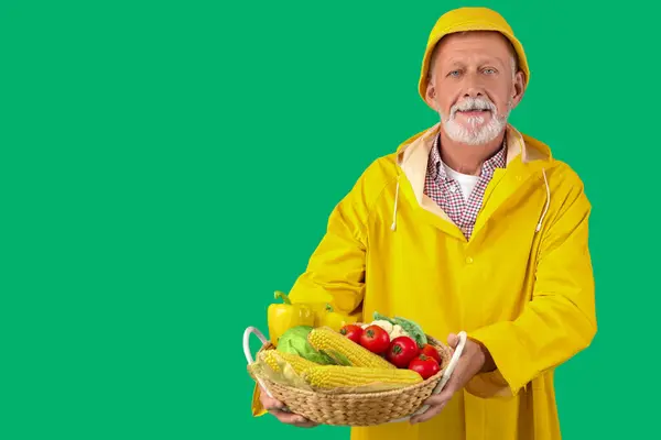 Ältere Männliche Bauer Mit Weidenkorb Voll Von Verschiedenen Reifen Gemüse — Stockfoto