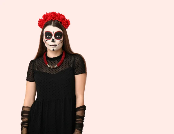 Young Woman Dressed Halloween Light Background — Stock Photo, Image