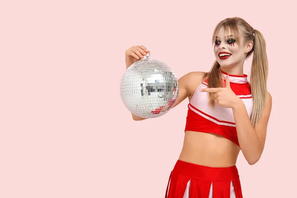 Young Woman Dressed Halloween Cheerleader Pointing Disco Ball Pink Background — Stock Photo, Image