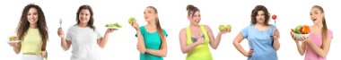 Beyaz arka planda yemekleri olan bir grup farklı kadın. Diyet kavramı