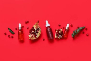 Kırmızı zemin üzerinde gerekli yağ, eğrelti otu yaprakları ve nar içeren kompozisyon