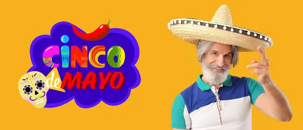 Senior Man Sombrero Hatt Och Text Cinco Mayo Den Femte — Stockfoto