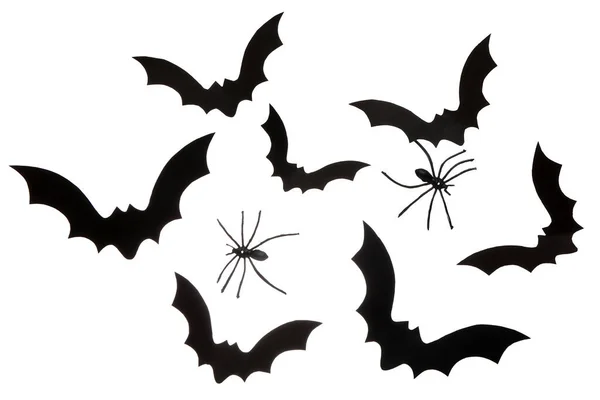 Χάρτινες Νυχτερίδες Και Αράχνες Για Αποκριάτικο Πάρτι Λευκό Φόντο — Φωτογραφία Αρχείου