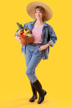 Sarı arka planda farklı olgun sebzelerle dolu sepeti olan genç bir kadın çiftçi.