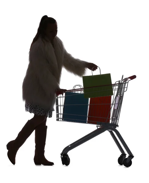 Silhouette Young Woman Shopping Cart Bags White Background — Stock Photo, Image