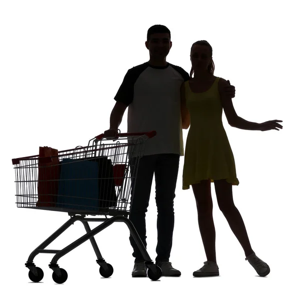 Beyaz Arka Planda Alışveriş Arabası Olan Genç Bir Çiftin Silueti — Stok fotoğraf