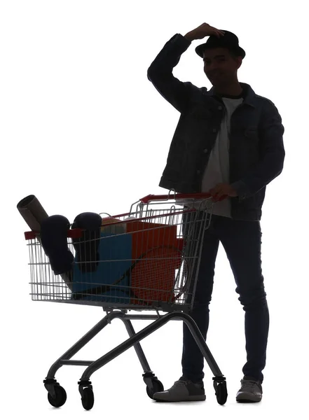 Silhouette Young Man Full Shopping Cart White Background — Stock Photo, Image