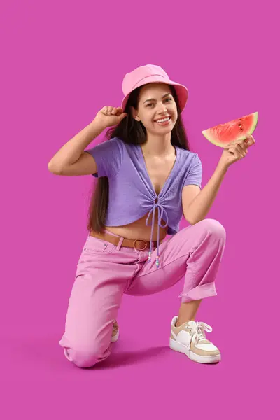 Beautiful Young Woman Slice Fresh Watermelon Sitting Purple Background — Stock Photo, Image