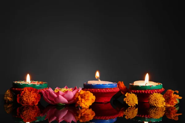 Burning Candles Beautiful Flowers Celebration Divaly Dark Background — Stock Photo, Image