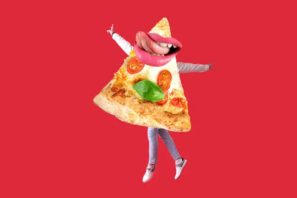 Прыжки Ломтик Вкусной Пиццы Человеческими Руками Губами Ногами Красном Фоне — стоковое фото