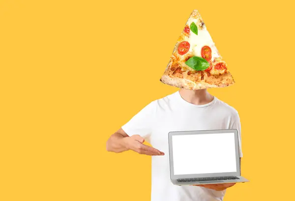 Man Slice Tasty Pizza Instead His Head Holding Laptop Yellow — Stock Photo, Image