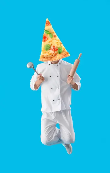 Chef Sautant Avec Tranche Pizza Savoureuse Lieu Tête Sur Fond — Photo