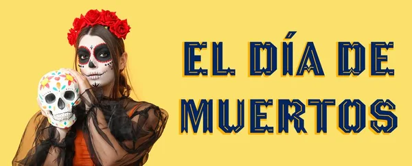 Mexikanische Frau Mit Bemaltem Schädel Und Text Dia Muertos Tag — Stockfoto