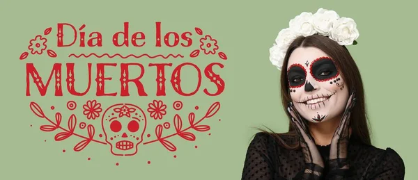 Мексиканская Женщина Раскрашенным Черепом Лице Текстом Dia Muertos День Мертвых — стоковое фото