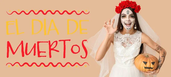 Мексиканская Невеста Раскрашенным Черепом Лице Тыквой Текстом Dia Muertos День — стоковое фото