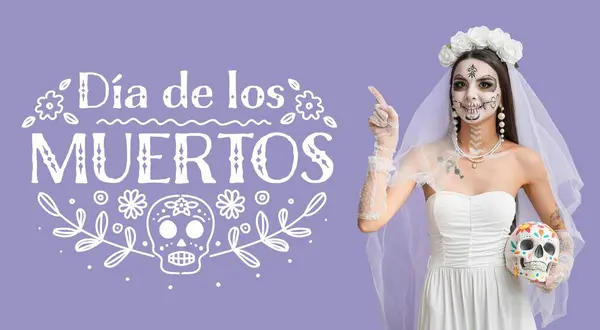 Мексиканская Невеста Раскрашенным Черепом Текстом Dia Muertos День Мертвых Сиреневом — стоковое фото