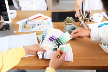 Grafik tasarımcılarından oluşan bir ekip masadaki renk paletleri ile çalışıyor, yakın plan.