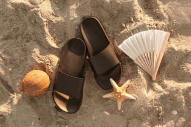 Havalı kadın terlikleri, yelpaze, denizyıldızı ve hindistan cevizi.