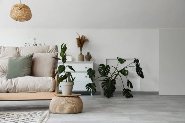 Oturma odasının içi kanepe ve çiçeklerle dolu.