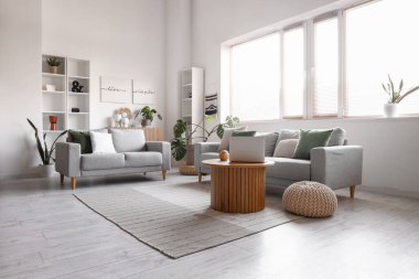 Koltukları ve çiçekleri olan aydınlık oturma odasının içinde.