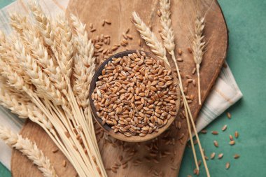 Tahıl taneli ahşap kase, buğday kulaklı ve grunge yeşili arka planda peçete.