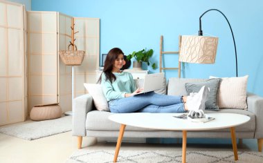 oturma odasında kanepede dizüstü kullanan genç kadın