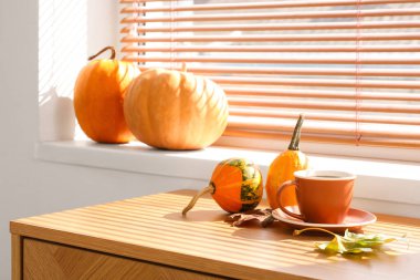 Fincanlı balkabakları ve düşmüş yaprakları odadaki tuvalette.