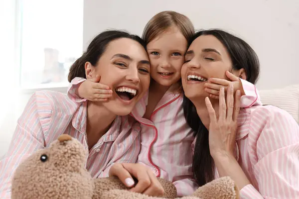 Young Lesbian Couple Adopted Little Girl Toy Lying Bedroom Closeup — Stock Photo, Image