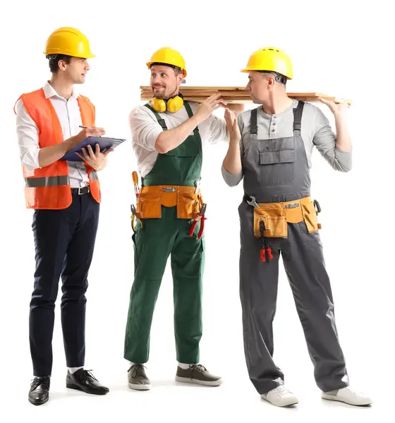 Team Male Builders Wooden Planks White Background — Stock Photo, Image