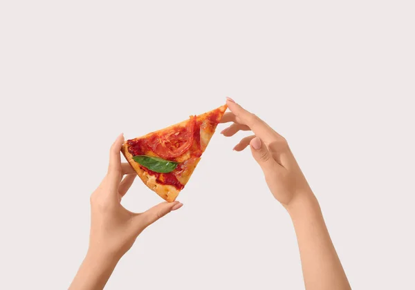 Woman Holding Slice Tasty Pizza White Background — Stock Photo, Image