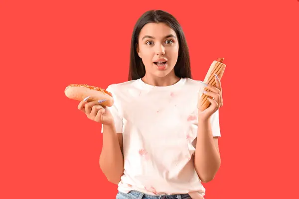 Surprised Young Woman Different Hot Dogs Red Background — Stock Photo, Image