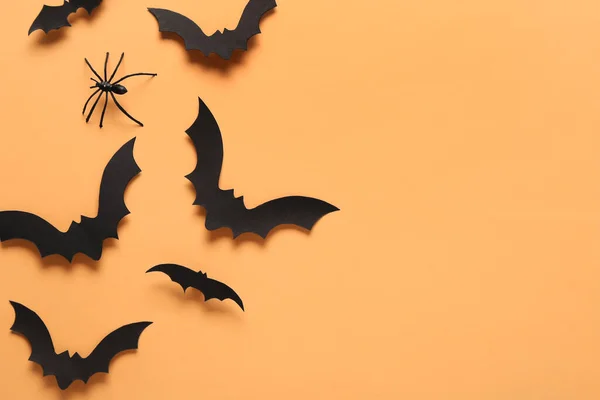 Paper Bats Spider Halloween Party Orange Background — Stock Photo, Image