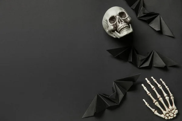 Composition Skeleton Hand Skull Paper Bats Halloween Black Background — Stock Photo, Image