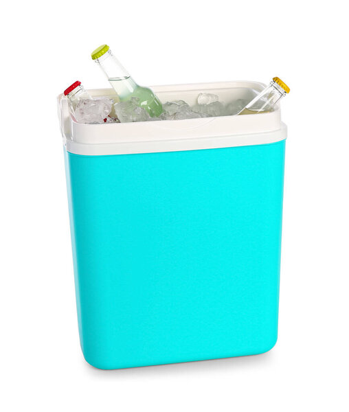 Modern Beach Cooler Ice Cubes Bottles Cold Drink White Background — Stock Photo, Image