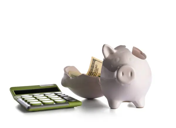 Broken Piggy Bank Money Calculator Isolated White Background — Stock Photo, Image