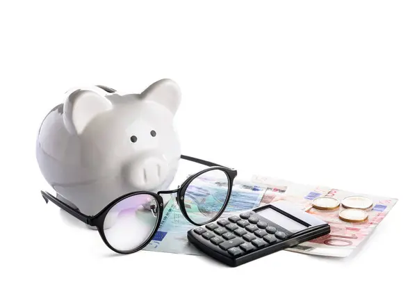 Piggy Bank Money Calculator Isolated White Background — Stock Photo, Image