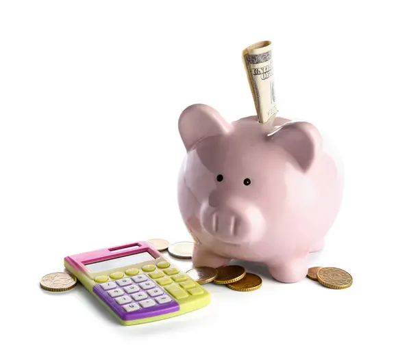 Piggy Bank Money Calculator Isolated White Background — Stock Photo, Image