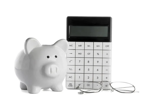 Piggy Bank Eyeglasses Calculator Isolated White Background — Stock Photo, Image