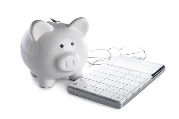 Piggy Bank Eyeglasses Calculator Isolated White Background — Stock Photo, Image