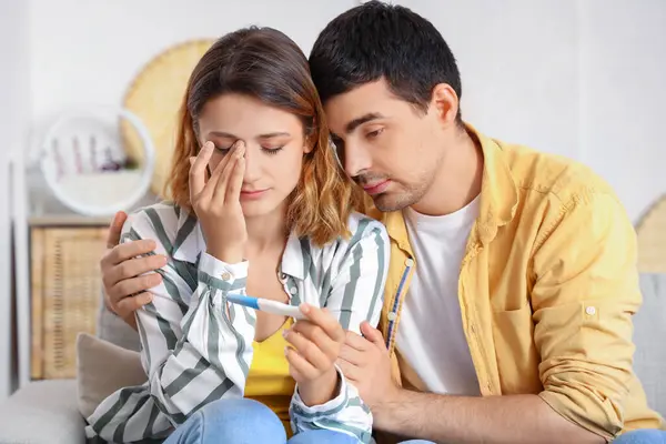 Upset Young Couple Pregnancy Test Home — Stock Photo, Image