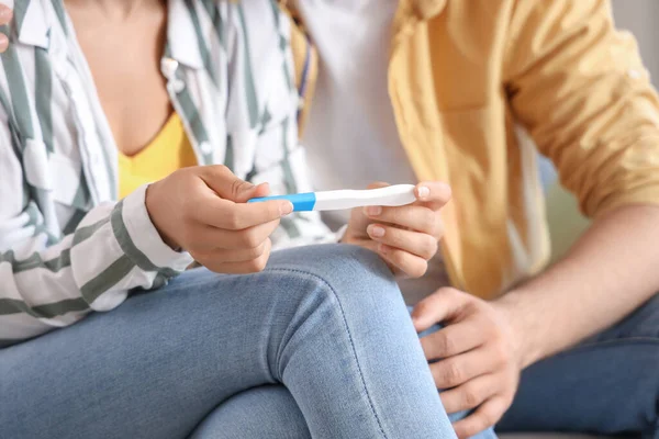 Happy Young Couple Pregnancy Test Home Closeup — Stock Photo, Image