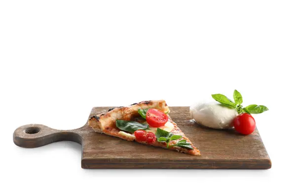 Tabla Madera Con Rebanada Sabrosa Pizza Margarita Ingredientes Sobre Fondo — Foto de Stock