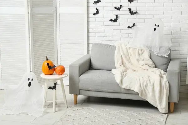 Interior Living Room Decorated Halloween Sofa Paper Bats — Stock Photo, Image