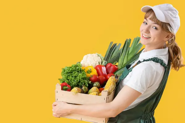 Boldog Fiatal Női Mezőgazdasági Termelő Doboz Tele Különböző Érett Zöldségek — Stock Fotó