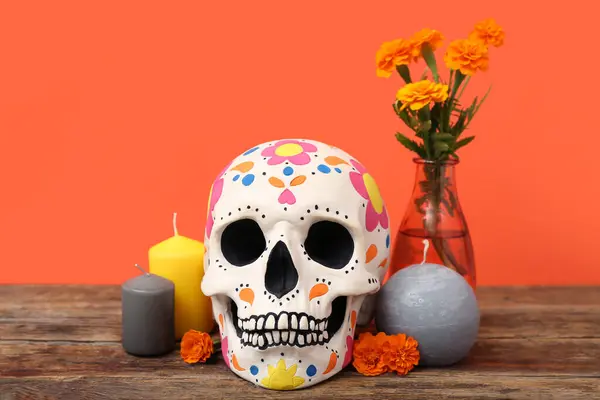 Painted Human Skull Mexico Day Dead Dia Muertos Flowers Candles — Stock Photo, Image